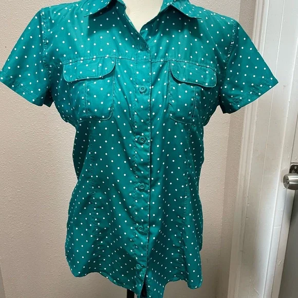 Magellan Outdoors Teal Polka Dot Button Down Shirt - Picture 3 of 5